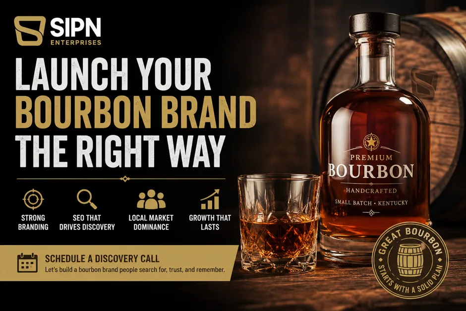 Premium bourbon bottle and glass with SIPN Enterprises branding graphic