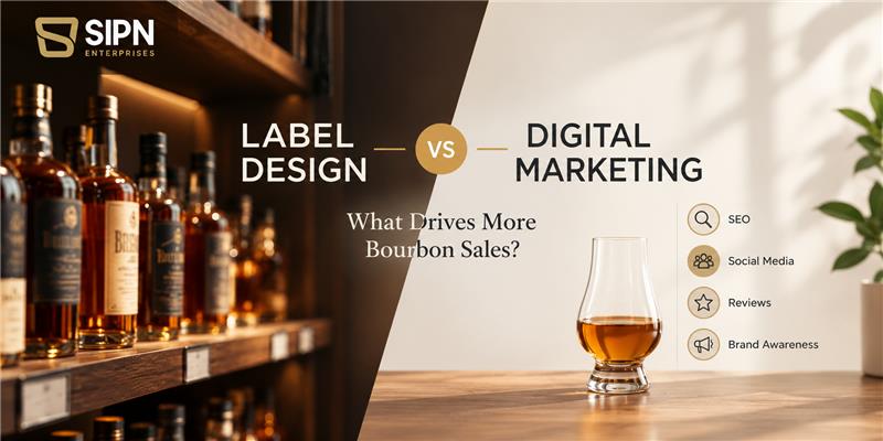Bourbon bottle and phone search results comparing shelf versus online marketing